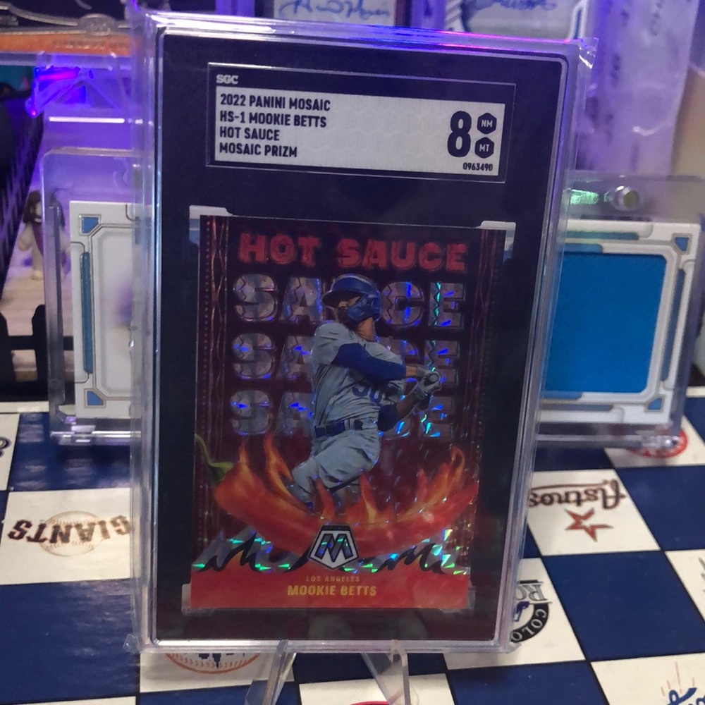 2022 Panini Mosaic Mookie Betts Hot Sauce Card graded 8 .